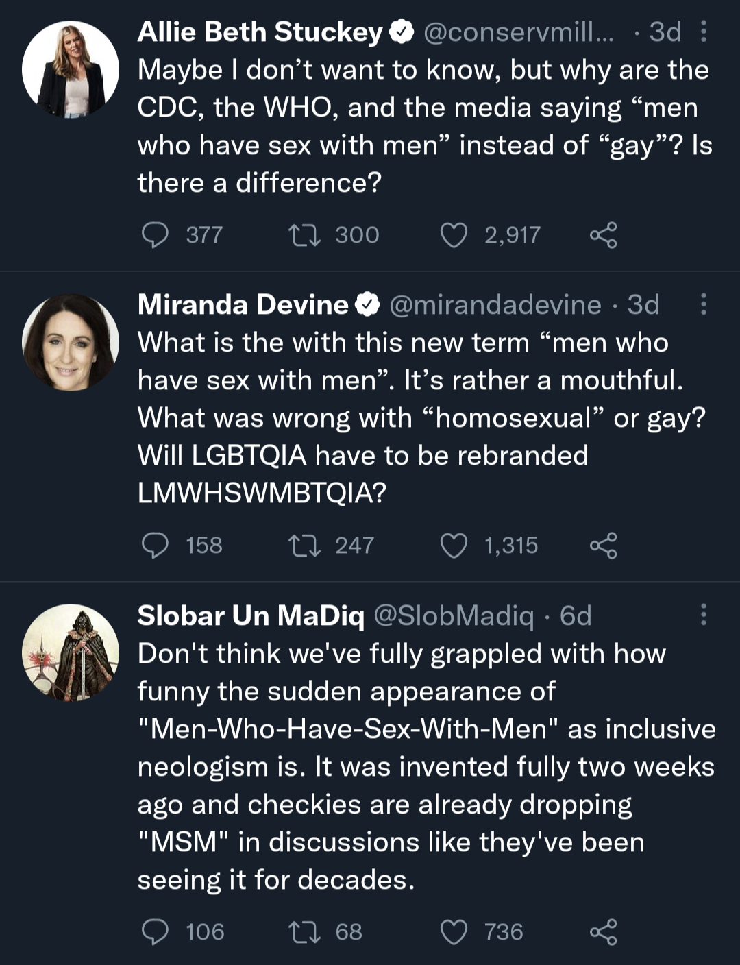 Screenshots of some tweets describing 'men who have sex with men' as a new or unfamiliar phrase